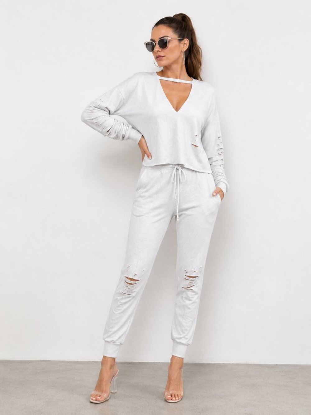 Light Gray Athleisure Distressed Jogger Sweatsuit Set NWT